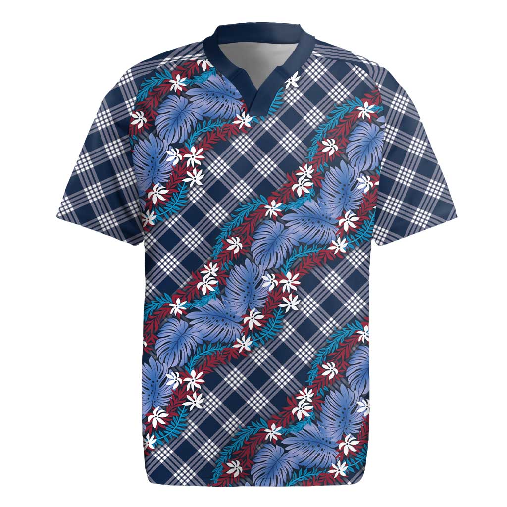 Polynesian Monstera Tiare Floral Rugby Jersey Royal Blue Tropical Plaid LT01 Blue - Polynesian Pride