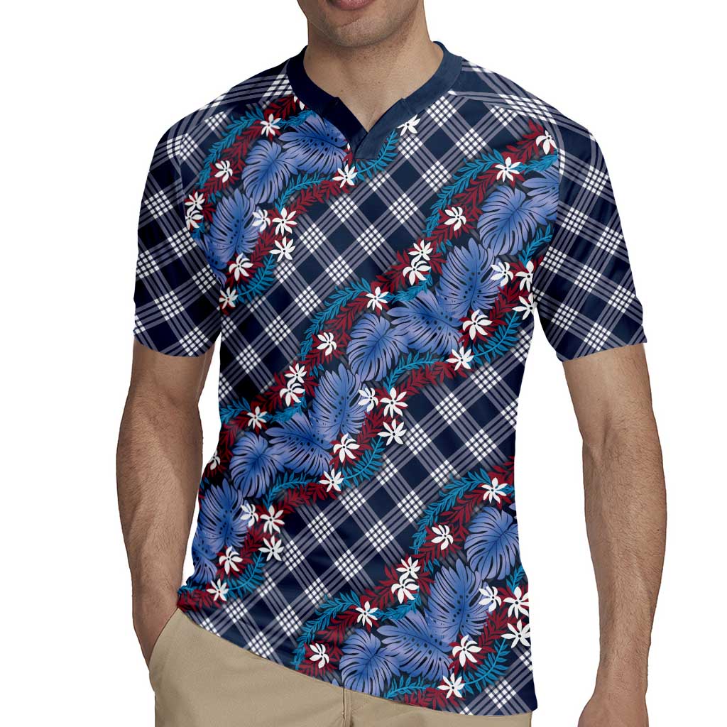 Polynesian Monstera Tiare Floral Rugby Jersey Royal Blue Tropical Plaid - Polynesian Pride