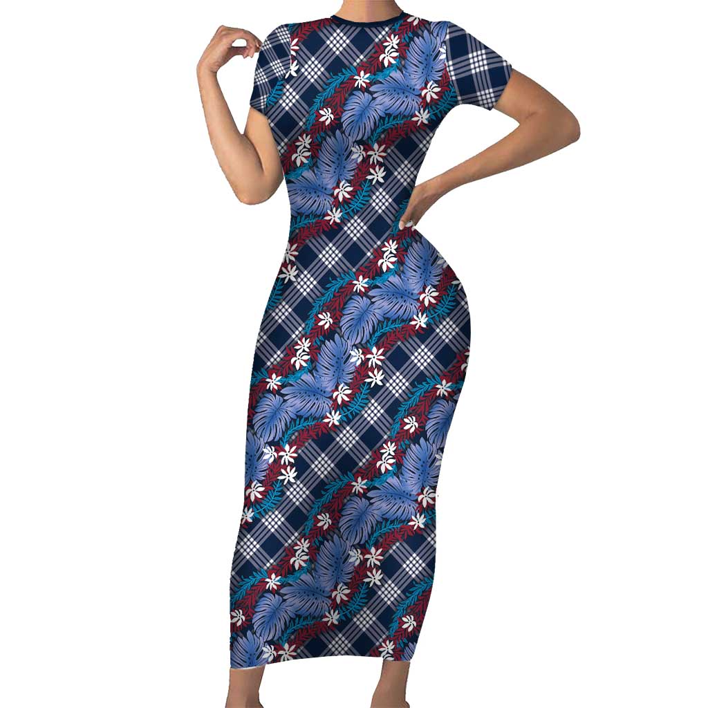 Polynesian Monstera Tiare Floral Short Sleeve Bodycon Dress Royal Blue Tropical Plaid LT01 Long Dress Blue - Polynesian Pride