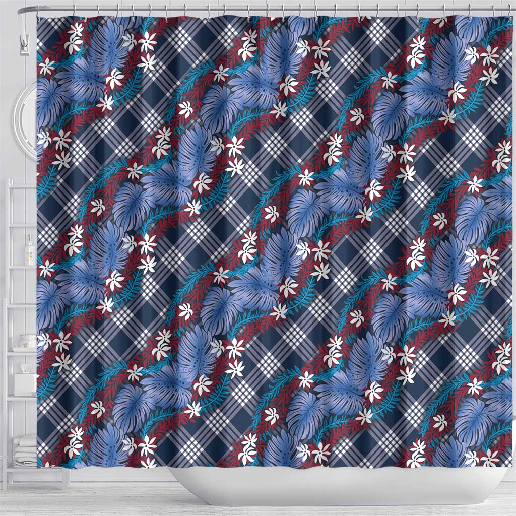 Polynesian Monstera Tiare Floral Shower Curtain Royal Blue Tropical Plaid LT01 - Polynesian Pride