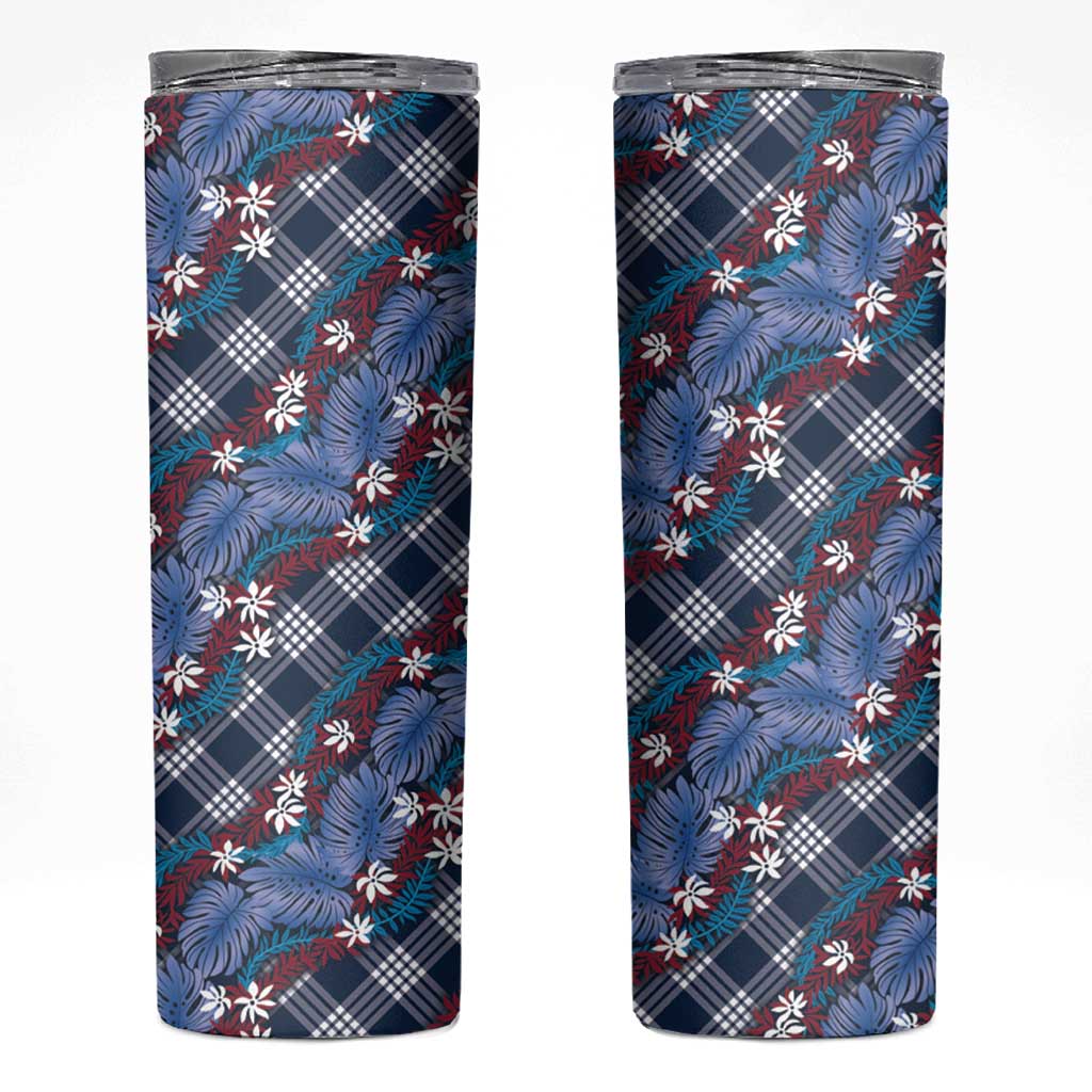 Polynesian Monstera Tiare Floral Skinny Tumbler Royal Blue Tropical Plaid LT01 Blue - Polynesian Pride