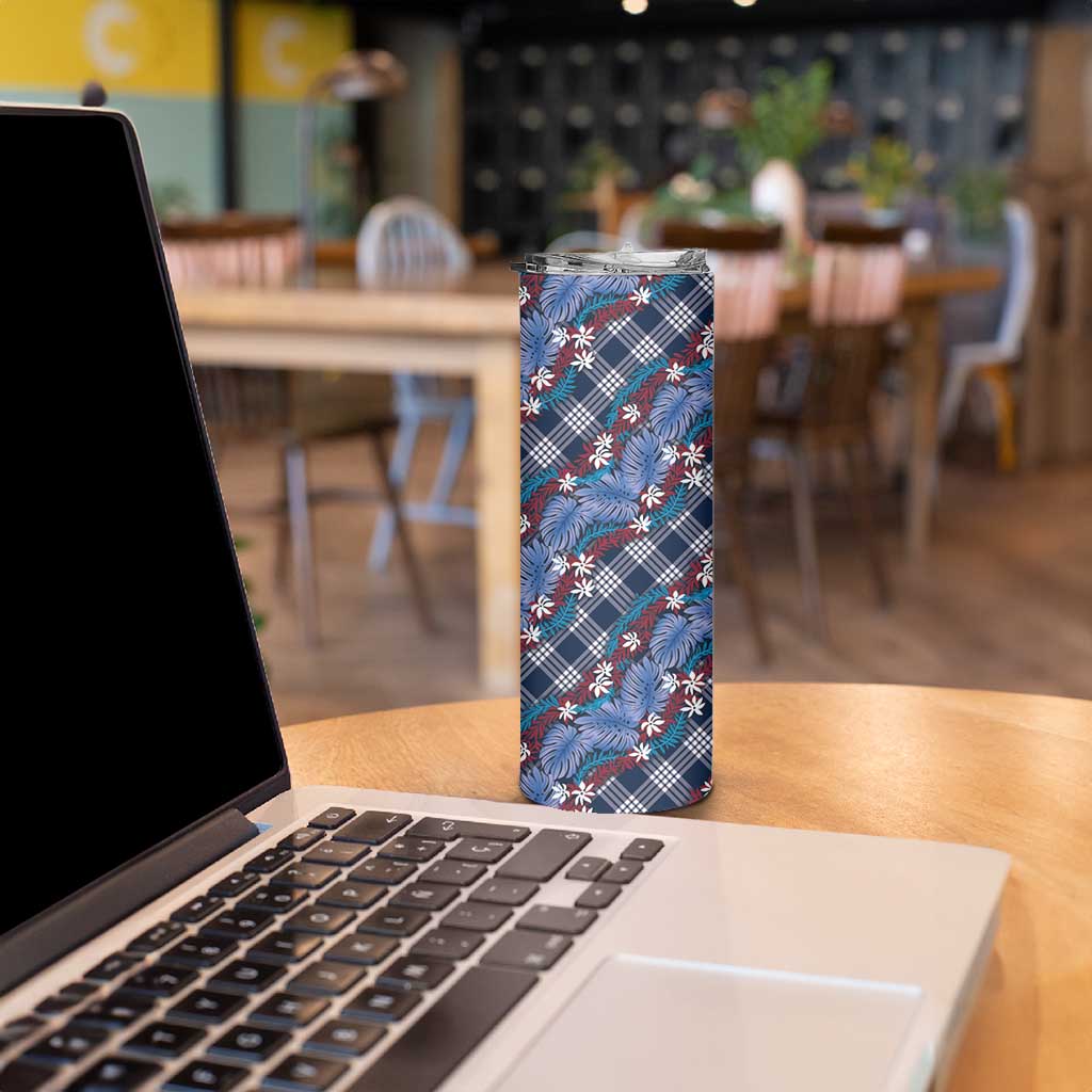 Polynesian Monstera Tiare Floral Skinny Tumbler Royal Blue Tropical Plaid - Polynesian Pride