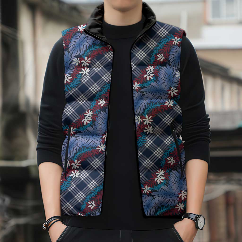 Polynesian Monstera Tiare Floral Sleeveless Puffer Jacket Royal Blue Tropical Plaid - Polynesian Pride