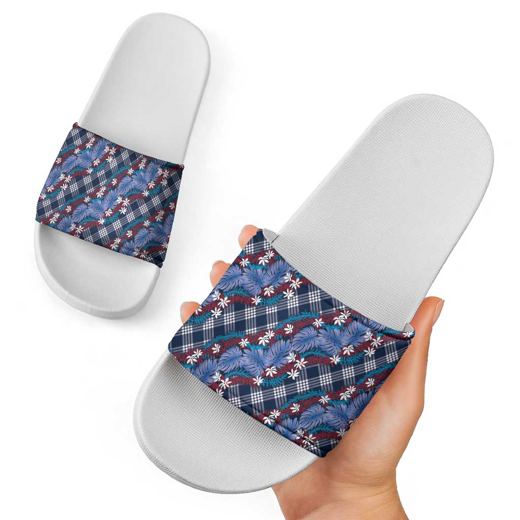 Polynesian Monstera Tiare Floral Slide Sandals Royal Blue Tropical Plaid - Polynesian Pride