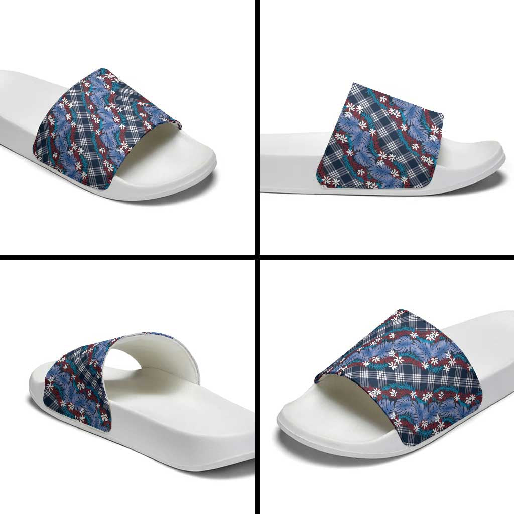 Polynesian Monstera Tiare Floral Slide Sandals Royal Blue Tropical Plaid - Polynesian Pride