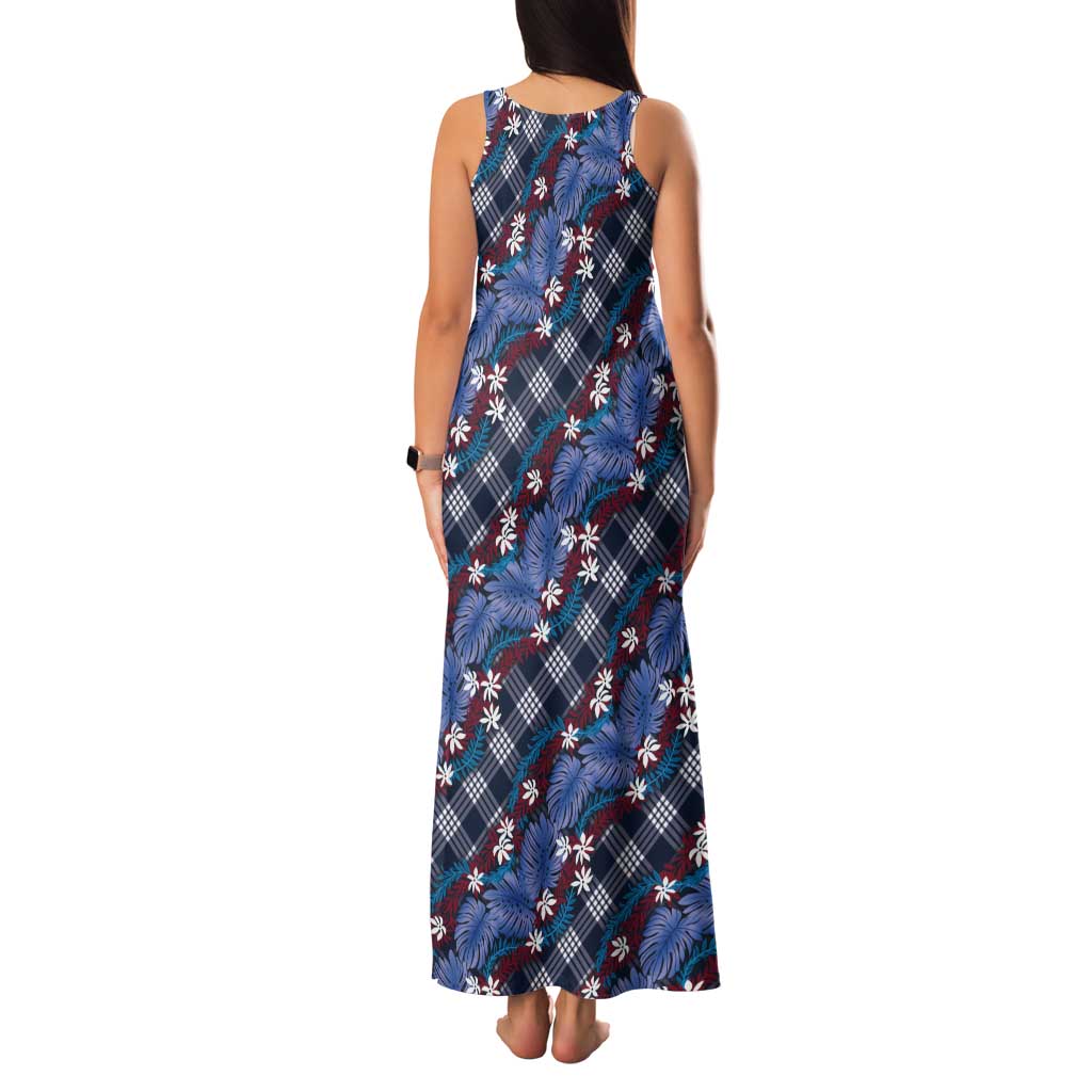 Polynesian Monstera Tiare Floral Tank Maxi Dress Royal Blue Tropical Plaid LT01 - Polynesian Pride