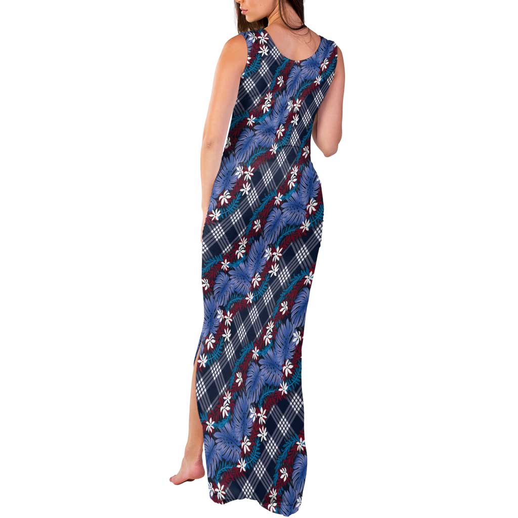 Polynesian Monstera Tiare Floral Tank Maxi Dress Royal Blue Tropical Plaid LT01 - Polynesian Pride
