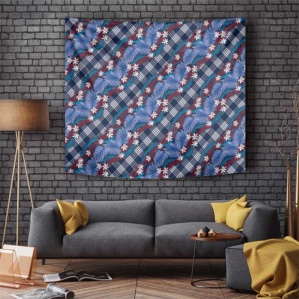 Polynesian Monstera Tiare Floral Tapestry Royal Blue Tropical Plaid - Polynesian Pride