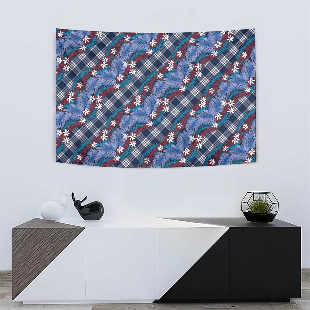 Polynesian Monstera Tiare Floral Tapestry Royal Blue Tropical Plaid - Polynesian Pride