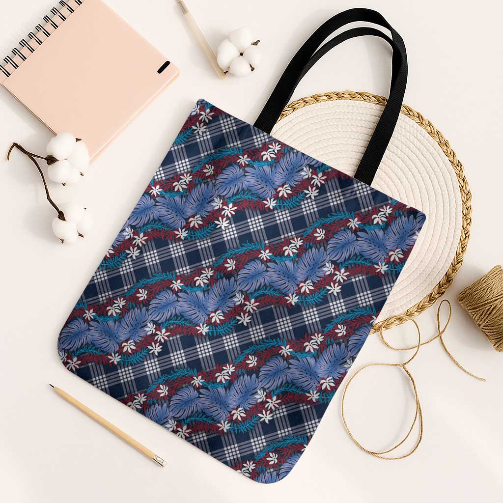 Polynesian Monstera Tiare Floral Tote Bag Royal Blue Tropical Plaid - Polynesian Pride