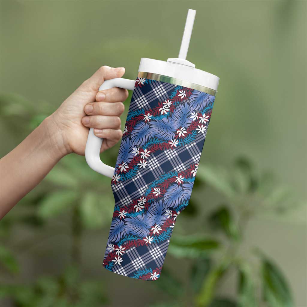Polynesian Monstera Tiare Floral Tumbler With Handle Royal Blue Tropical Plaid - Polynesian Pride