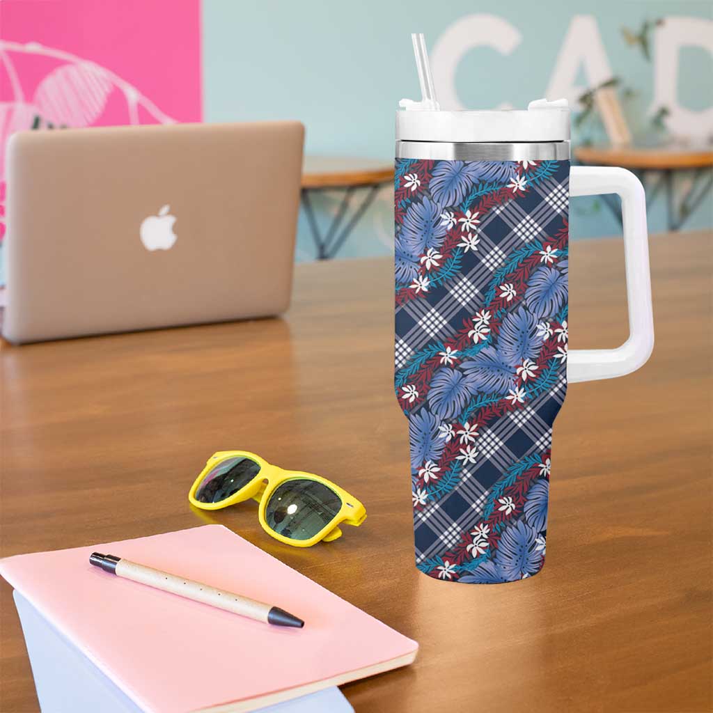 Polynesian Monstera Tiare Floral Tumbler With Handle Royal Blue Tropical Plaid - Polynesian Pride