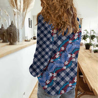 Polynesian Monstera Tiare Floral Women Casual Shirt Royal Blue Tropical Plaid - Polynesian Pride