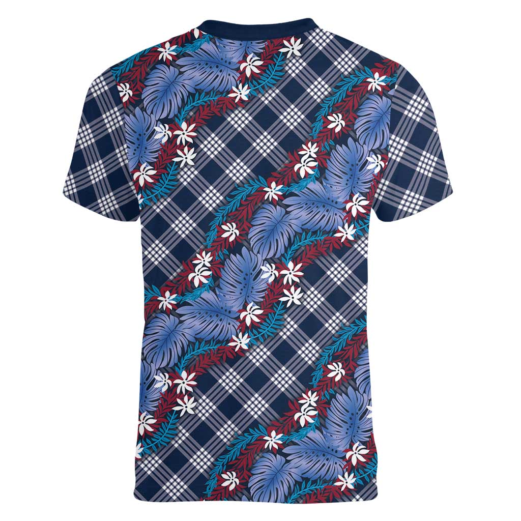 Polynesian Monstera Tiare Floral Women V-Neck T-Shirt Royal Blue Tropical Plaid - Polynesian Pride