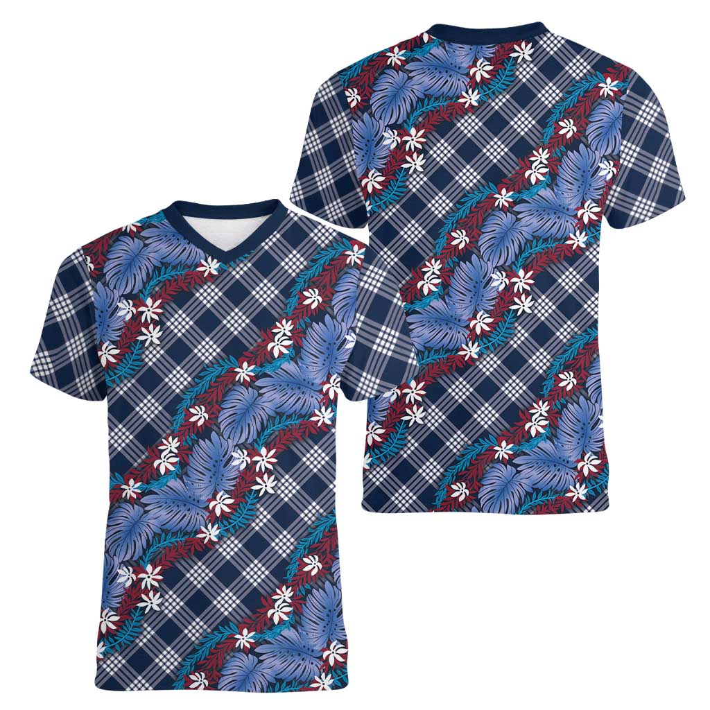 Polynesian Monstera Tiare Floral Women V-Neck T-Shirt Royal Blue Tropical Plaid - Polynesian Pride