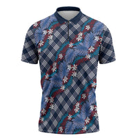 Polynesian Monstera Tiare Floral Zipper Polo Shirt Royal Blue Tropical Plaid LT01 Blue - Polynesian Pride