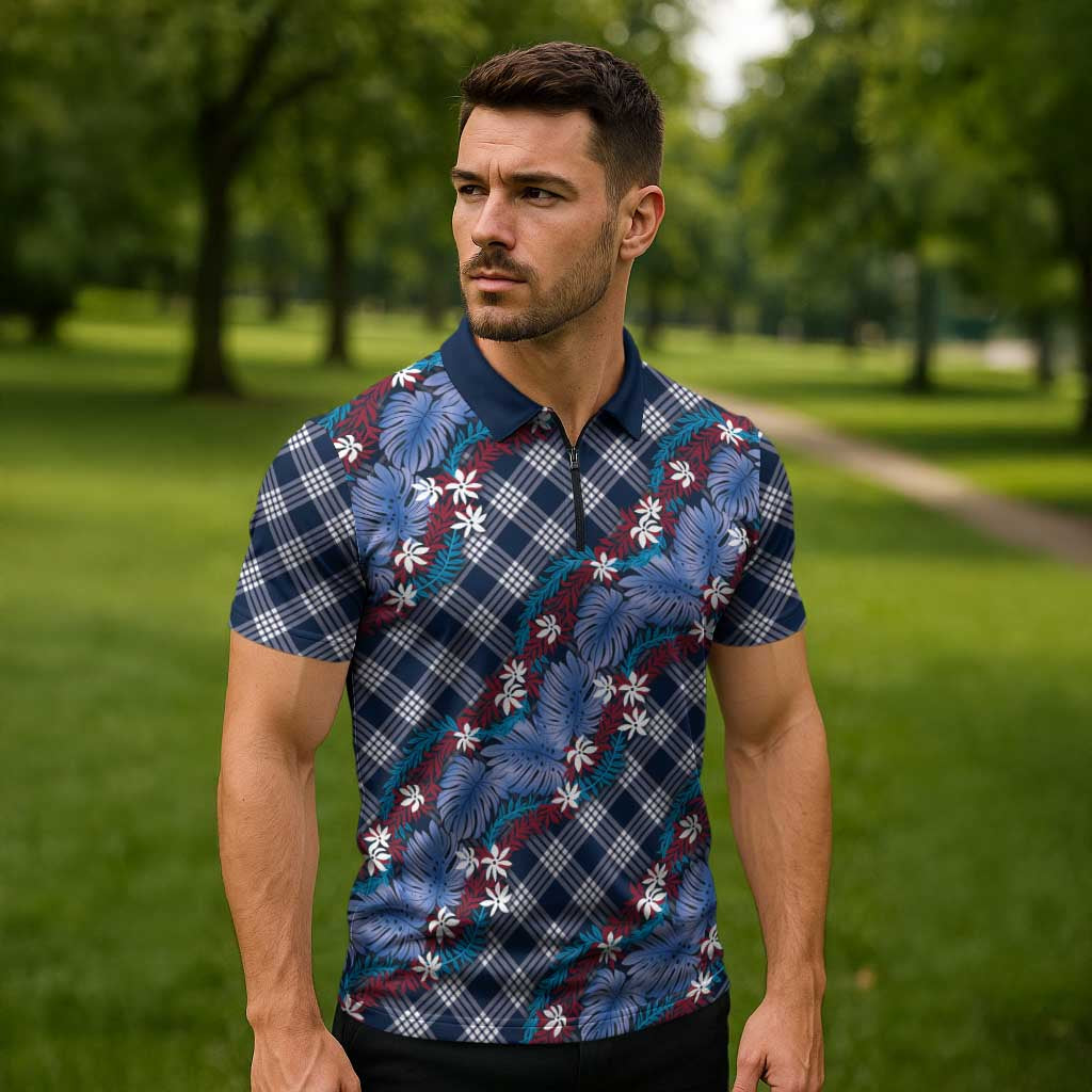 Polynesian Monstera Tiare Floral Zipper Polo Shirt Royal Blue Tropical Plaid LT01 - Polynesian Pride