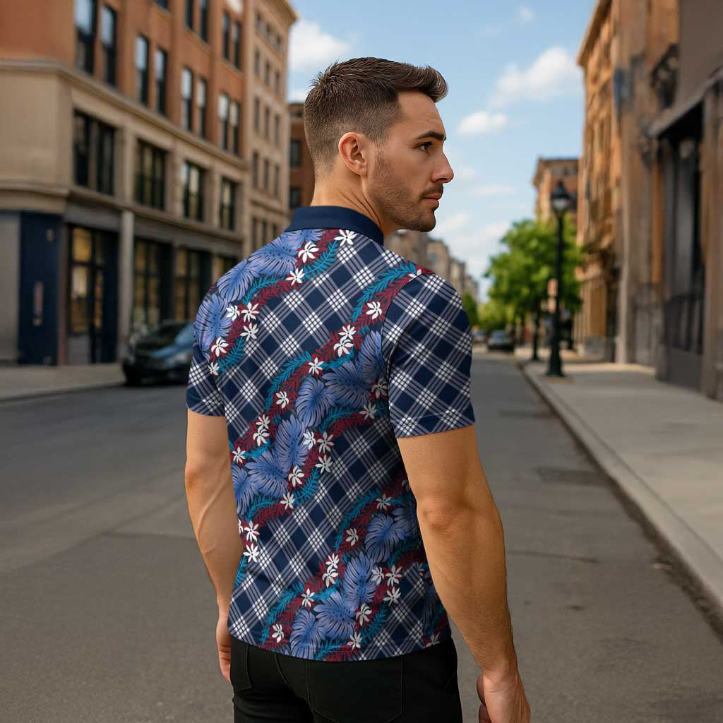 Polynesian Monstera Tiare Floral Zipper Polo Shirt Royal Blue Tropical Plaid LT01 - Polynesian Pride