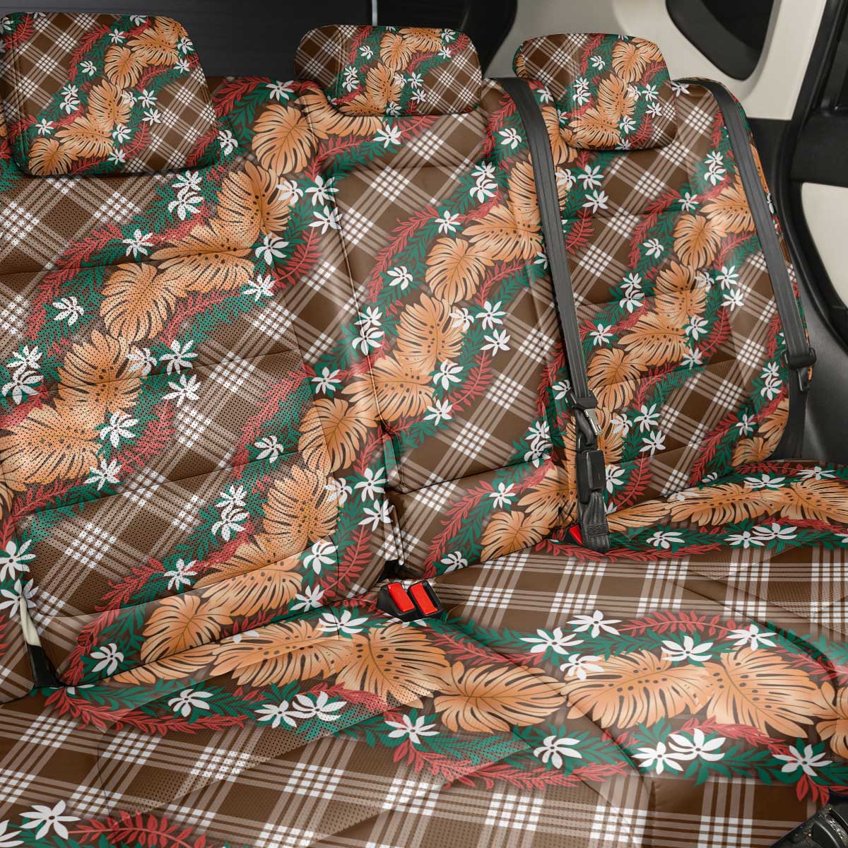 Polynesian Monstera Tiare Floral Back Car Seat Cover Chocolate Brown Tropical Plaid LT01 - Polynesian Pride