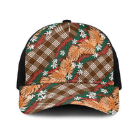 Polynesian Monstera Tiare Floral Baseball Net Cap Chocolate Brown Tropical Plaid - Polynesian Pride