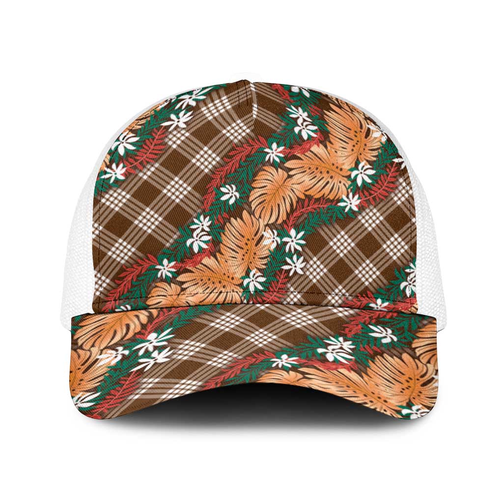 Polynesian Monstera Tiare Floral Baseball Net Cap Chocolate Brown Tropical Plaid - Polynesian Pride