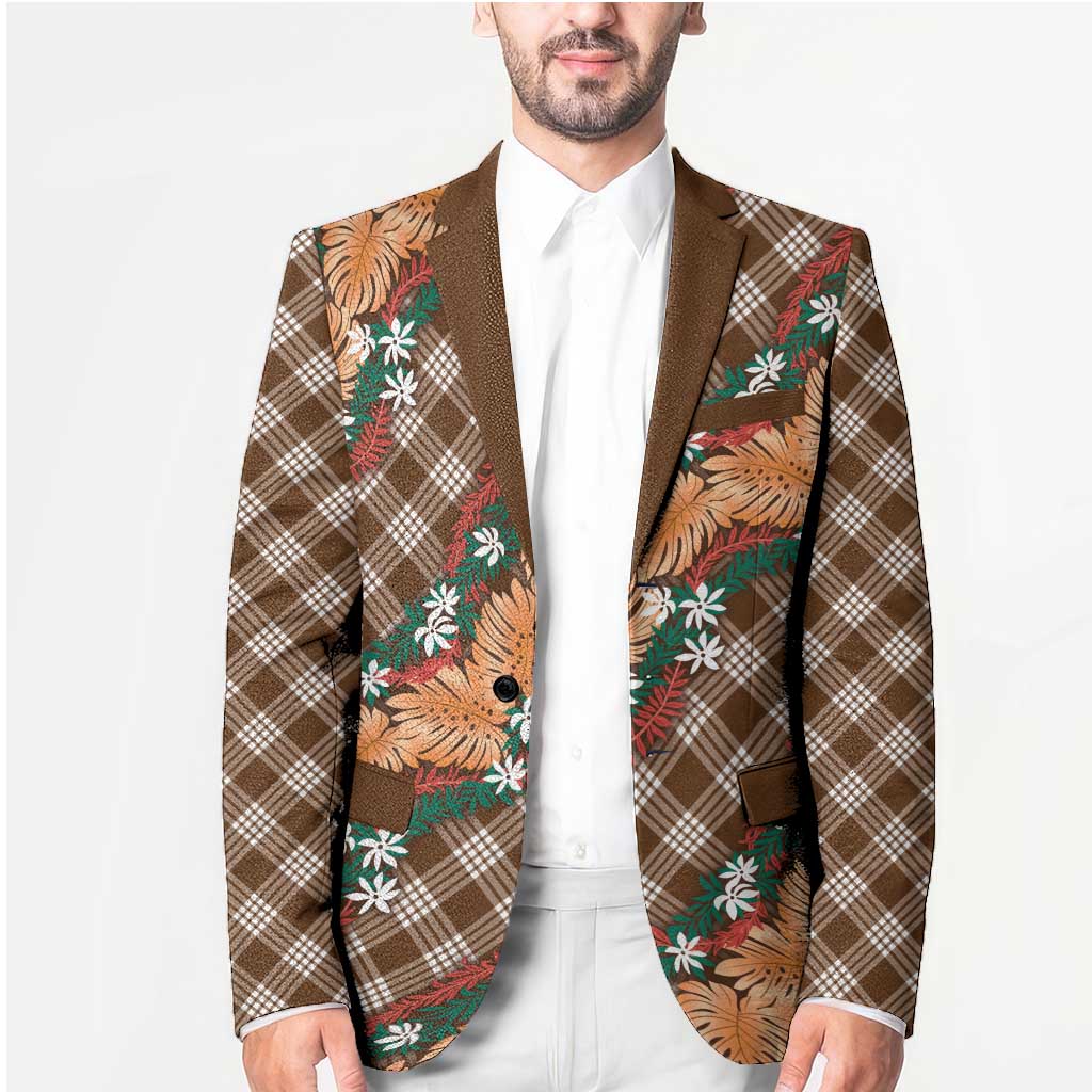 Polynesian Monstera Tiare Floral Blazer Chocolate Brown Tropical Plaid LT01 - Polynesian Pride