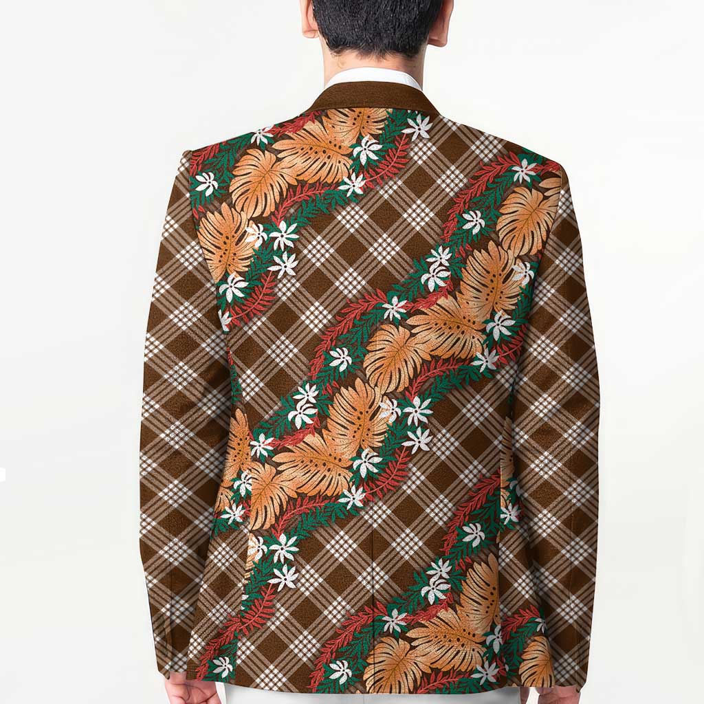 Polynesian Monstera Tiare Floral Blazer Chocolate Brown Tropical Plaid LT01 - Polynesian Pride