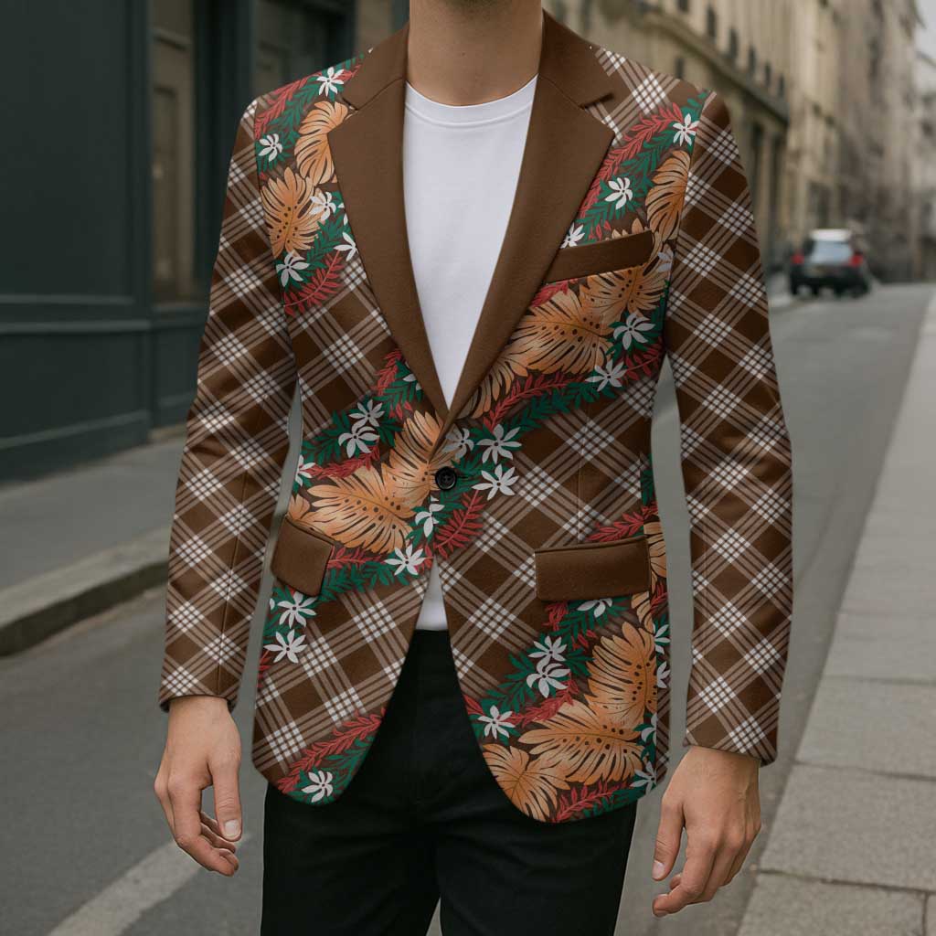 Polynesian Monstera Tiare Floral Blazer Chocolate Brown Tropical Plaid LT01 - Polynesian Pride