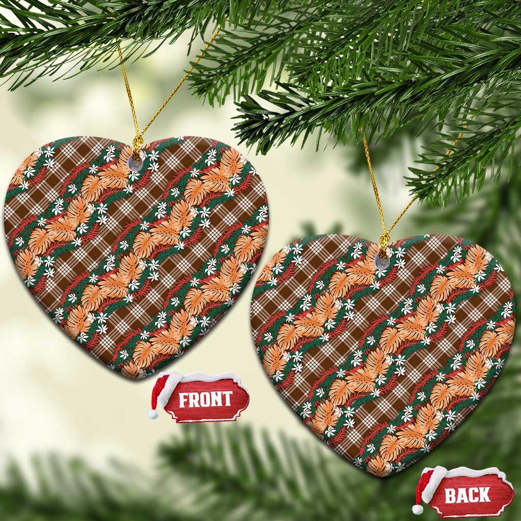 Polynesian Monstera Tiare Floral Ceramic Ornament Chocolate Brown Tropical Plaid - Polynesian Pride