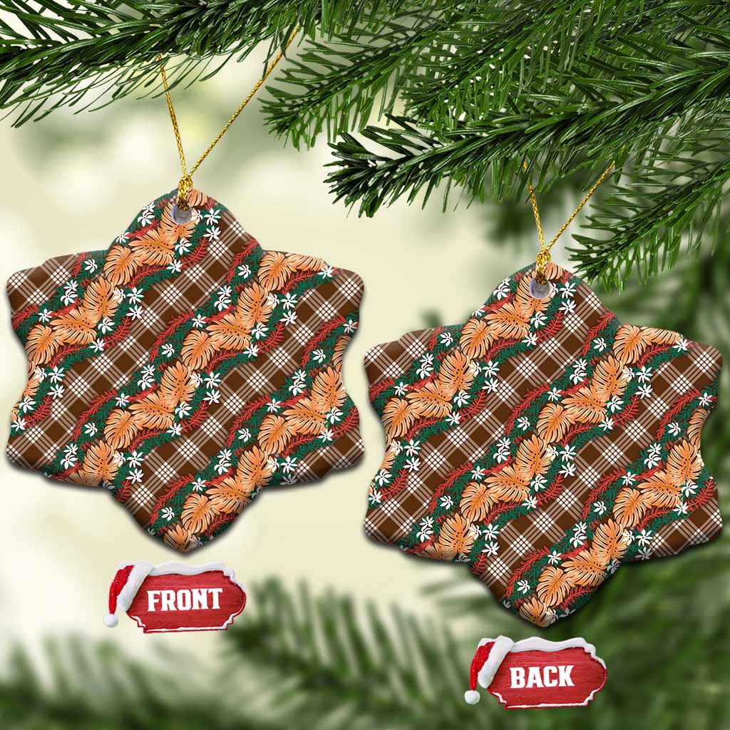Polynesian Monstera Tiare Floral Ceramic Ornament Chocolate Brown Tropical Plaid - Polynesian Pride