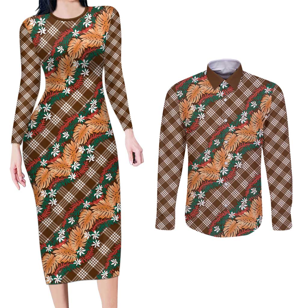 Polynesian Monstera Tiare Floral Couples Matching Long Sleeve Bodycon Dress and Long Sleeve Button Shirt Chocolate Brown Tropical Plaid LT01 Brown - Polynesian Pride