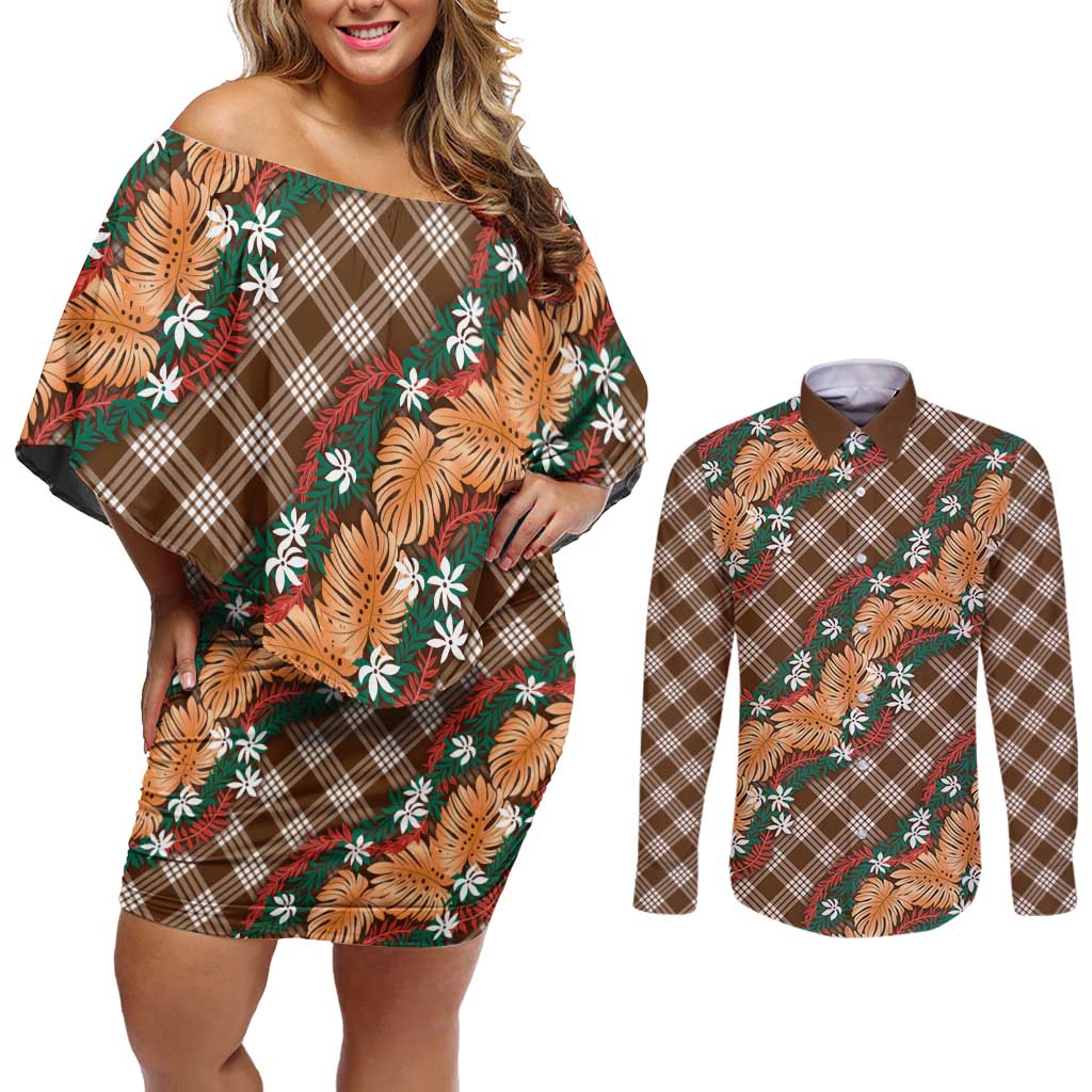 Polynesian Monstera Tiare Floral Couples Matching Off Shoulder Short Dress and Long Sleeve Button Shirt Chocolate Brown Tropical Plaid LT01 Brown - Polynesian Pride