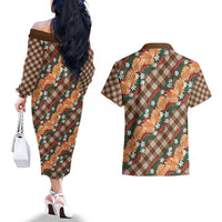 Polynesian Monstera Tiare Floral Couples Matching Off The Shoulder Long Sleeve Dress and Hawaiian Shirt Chocolate Brown Tropical Plaid LT01 - Polynesian Pride