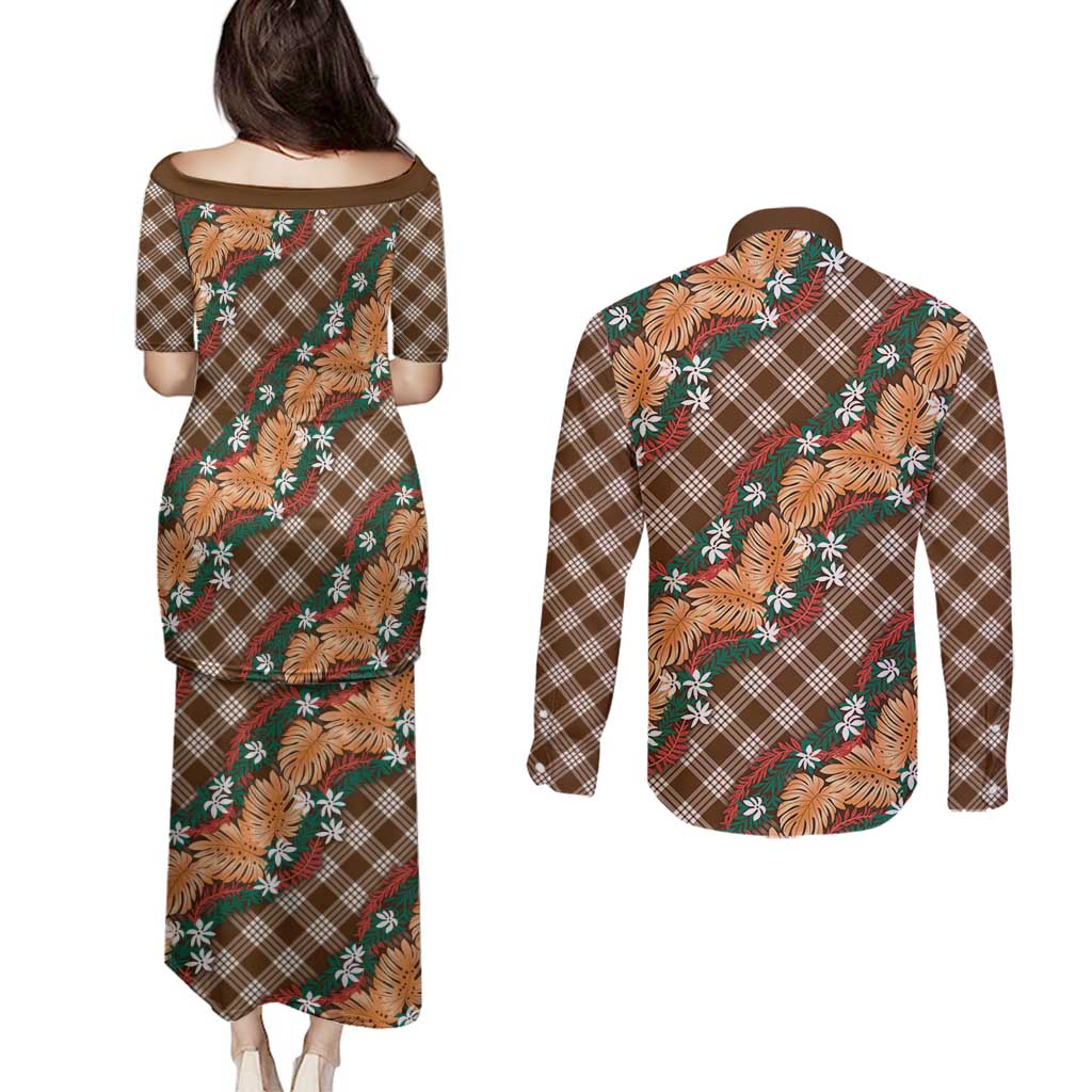 Polynesian Monstera Tiare Floral Couples Matching Puletasi and Long Sleeve Button Shirt Chocolate Brown Tropical Plaid - Polynesian Pride