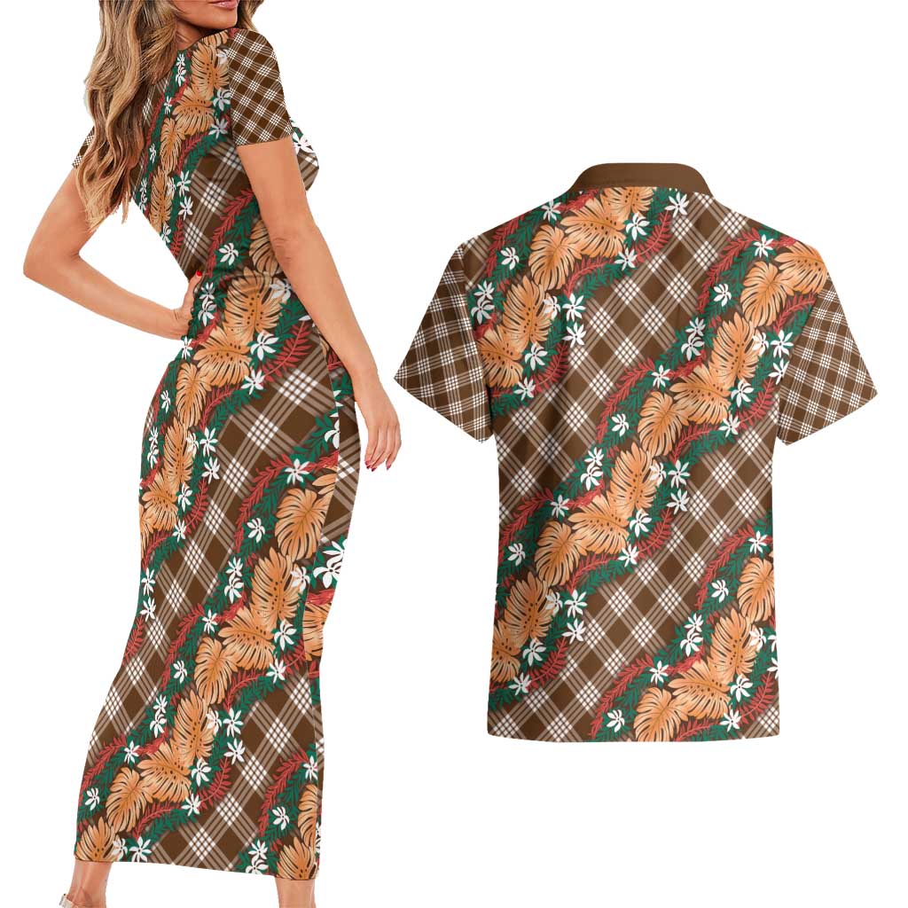 Polynesian Monstera Tiare Floral Couples Matching Short Sleeve Bodycon Dress and Hawaiian Shirt Chocolate Brown Tropical Plaid LT01 - Polynesian Pride