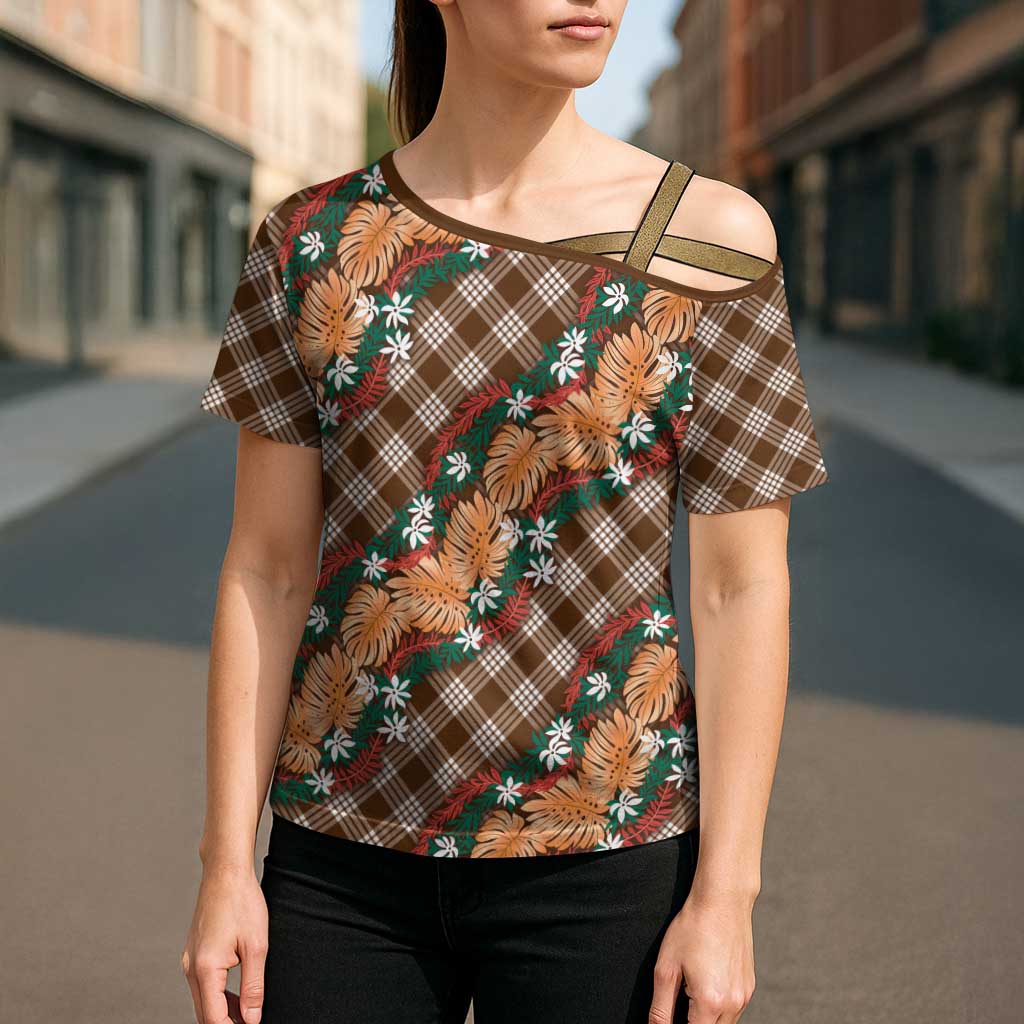 Polynesian Monstera Tiare Floral Cross Shoulder Shirt Chocolate Brown Tropical Plaid - Polynesian Pride