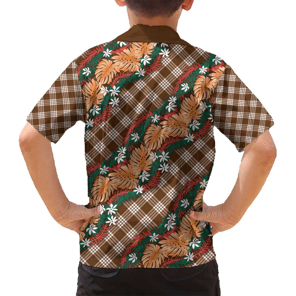 Polynesian Monstera Tiare Floral Family Matching Long Sleeve Bodycon Dress and Hawaiian Shirt Chocolate Brown Tropical Plaid LT01 - Polynesian Pride