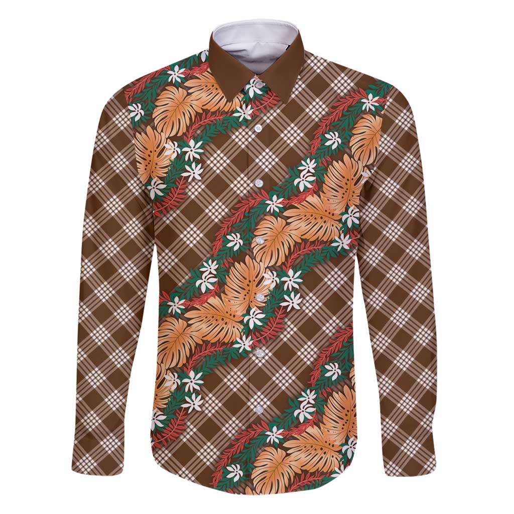 Polynesian Monstera Tiare Floral Family Matching Mermaid Dress and Hawaiian Shirt Chocolate Brown Tropical Plaid LT01 Dad's Shirt - Long Sleeve Brown - Polynesian Pride