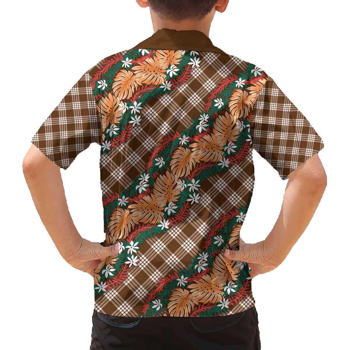 Polynesian Monstera Tiare Floral Family Matching Off The Shoulder Long Sleeve Dress and Hawaiian Shirt Chocolate Brown Tropical Plaid LT01 - Polynesian Pride
