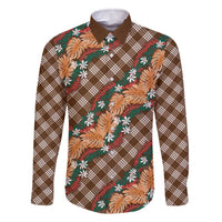 Polynesian Monstera Tiare Floral Family Matching Off The Shoulder Long Sleeve Dress and Hawaiian Shirt Chocolate Brown Tropical Plaid LT01 Dad's Shirt - Long Sleeve Brown - Polynesian Pride