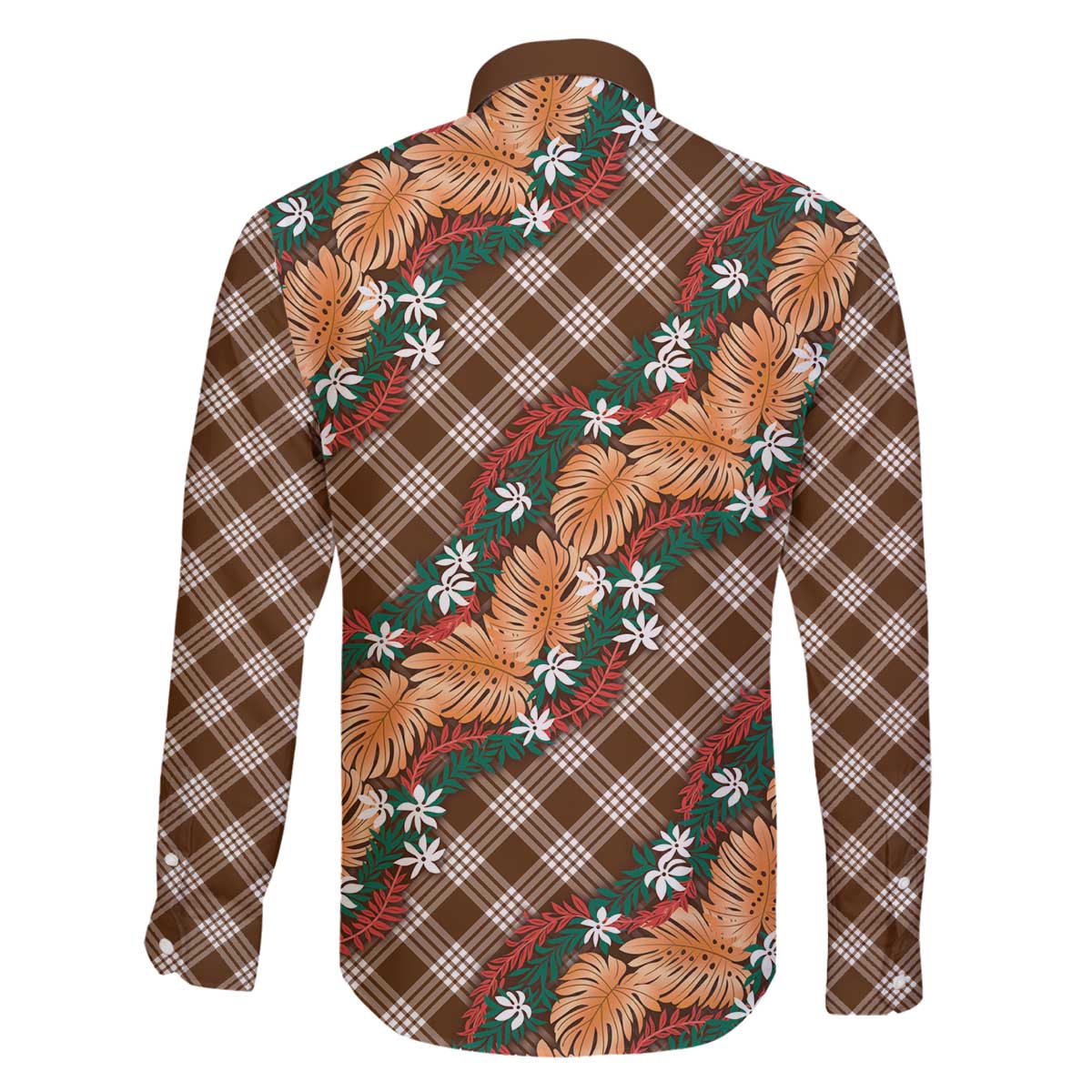 Polynesian Monstera Tiare Floral Family Matching Off The Shoulder Long Sleeve Dress and Hawaiian Shirt Chocolate Brown Tropical Plaid LT01 - Polynesian Pride