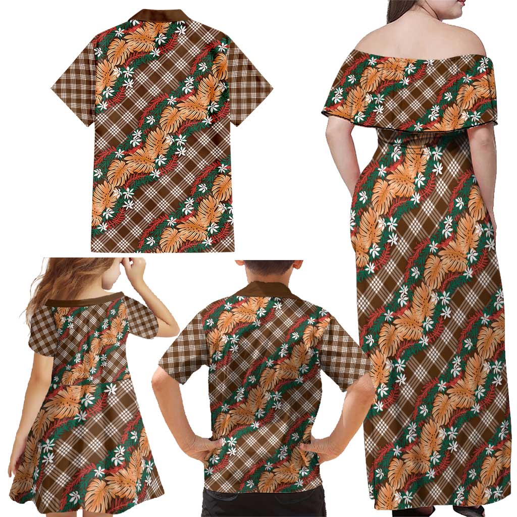 Polynesian Monstera Tiare Floral Family Matching Off Shoulder Maxi Dress and Hawaiian Shirt Chocolate Brown Tropical Plaid LT01 - Polynesian Pride