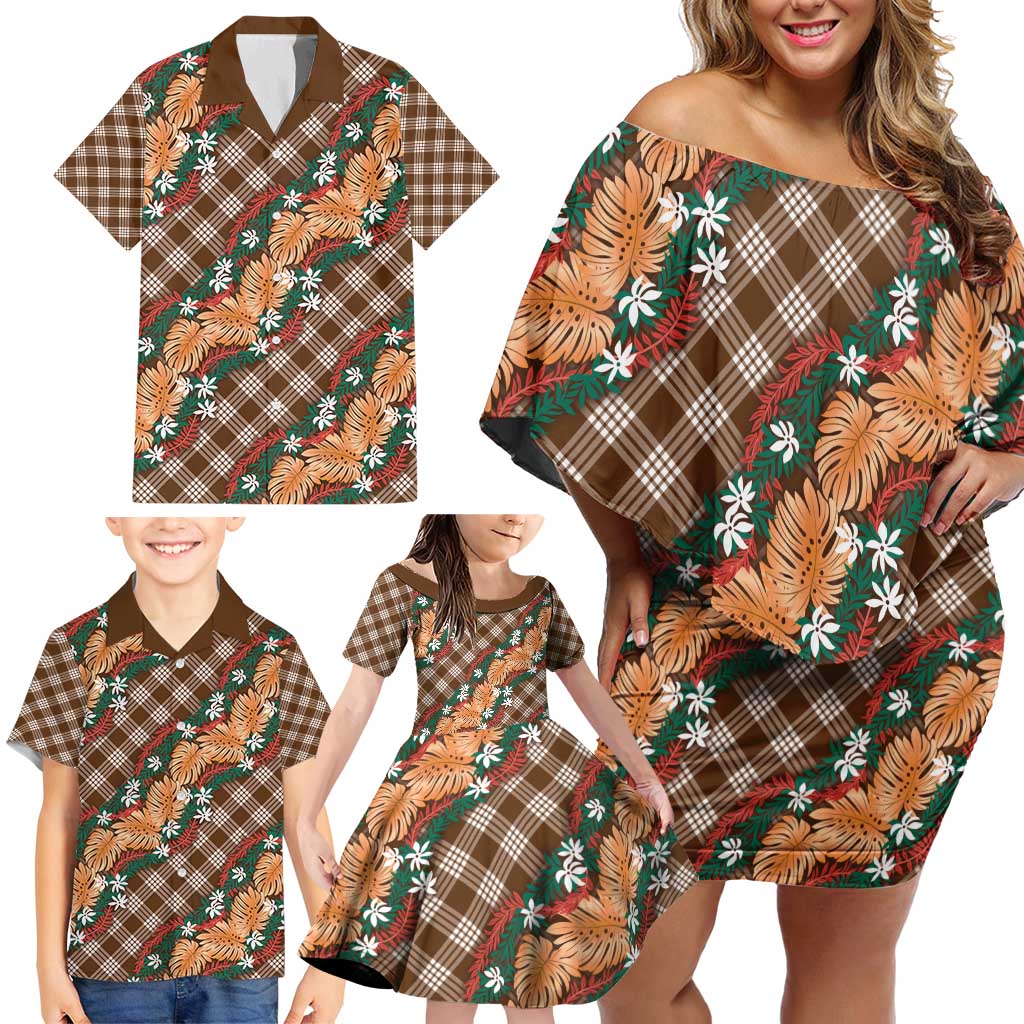 Polynesian Monstera Tiare Floral Family Matching Off Shoulder Short Dress and Hawaiian Shirt Chocolate Brown Tropical Plaid LT01 - Polynesian Pride