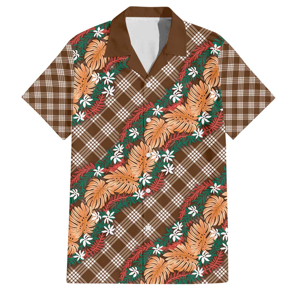 Polynesian Monstera Tiare Floral Family Matching Off Shoulder Short Dress and Hawaiian Shirt Chocolate Brown Tropical Plaid LT01 Dad's Shirt - Short Sleeve Brown - Polynesian Pride
