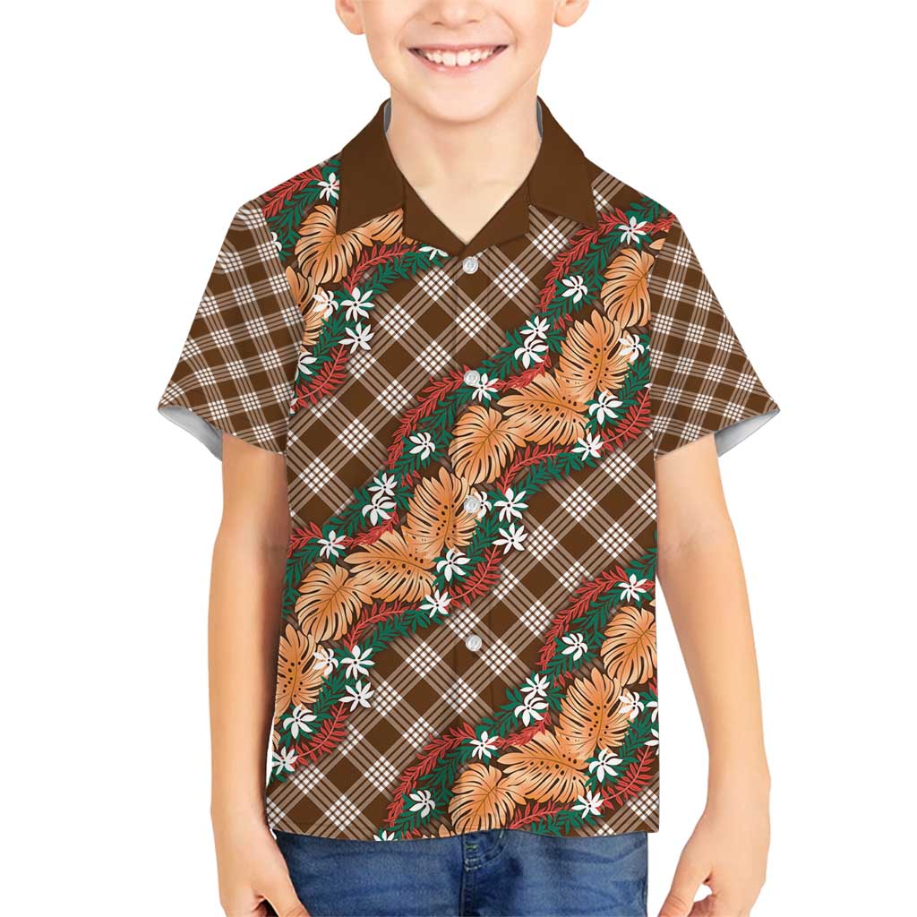 Polynesian Monstera Tiare Floral Family Matching Puletasi and Hawaiian Shirt Chocolate Brown Tropical Plaid LT01 Son's Shirt Brown - Polynesian Pride