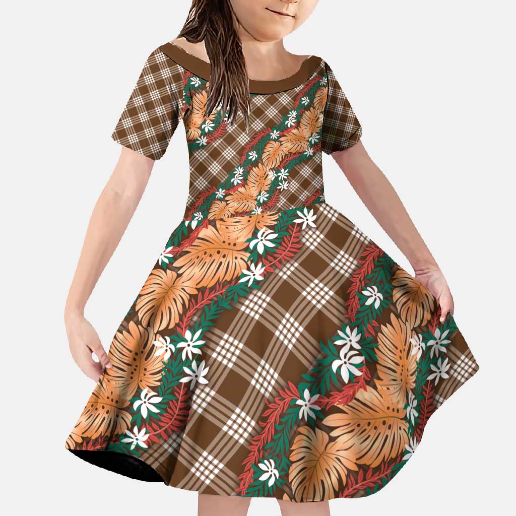 Polynesian Monstera Tiare Floral Family Matching Summer Maxi Dress and Hawaiian Shirt Chocolate Brown Tropical Plaid LT01 Daughter's Dress Brown - Polynesian Pride
