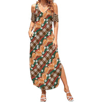 Polynesian Monstera Tiare Floral Family Matching Summer Maxi Dress and Hawaiian Shirt Chocolate Brown Tropical Plaid LT01 Mom's Dress Brown - Polynesian Pride