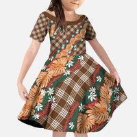 Polynesian Monstera Tiare Floral Family Matching Tank Maxi Dress and Hawaiian Shirt Chocolate Brown Tropical Plaid LT01 Daughter's Dress Brown - Polynesian Pride