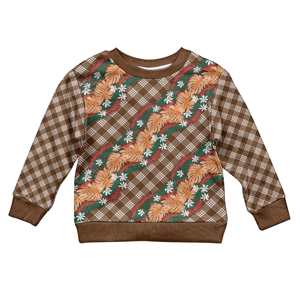 Polynesian Monstera Tiare Floral Kid Ugly Christmas Sweater Chocolate Brown Tropical Plaid - Polynesian Pride