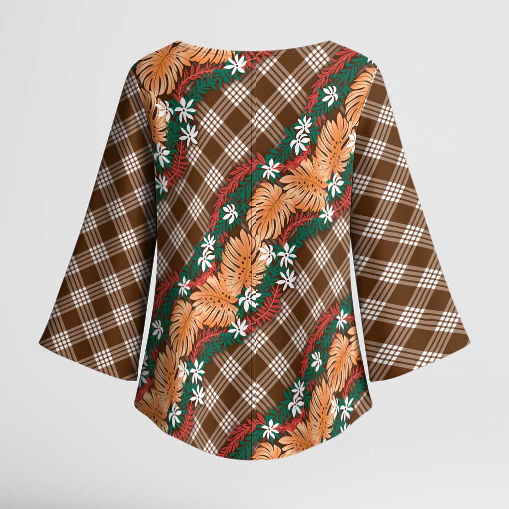 Polynesian Monstera Tiare Floral Kimono Sleeve Blouse Chocolate Brown Tropical Plaid LT01 - Polynesian Pride